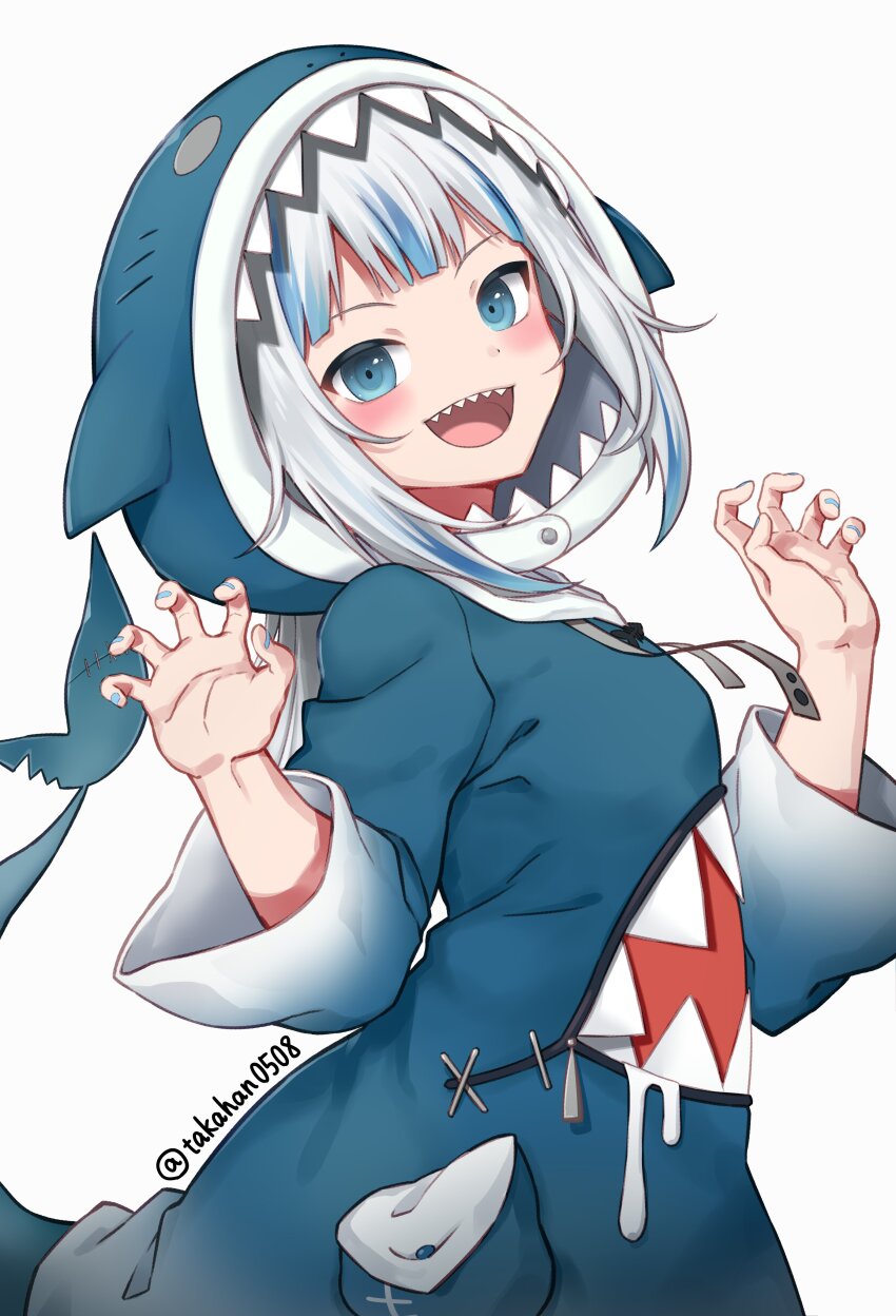 1girl absurdres animal_hood blue_eyes blue_hair blue_hoodie blush claw_pose commentary_request from_side gawr_gura gawr_gura_(1st_costume) highres hololive hololive_english hood hoodie long_sleeves looking_at_viewer looking_to_the_side multicolored_hair open_mouth shark_hood sharp_teeth simple_background smile solo streaked_hair takahan teeth textless_version twitter_username two-tone_hair upper_body virtual_youtuber white_background white_hair