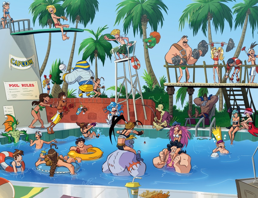 6+boys 6+girls absurdres anakaris artist_collaboration rikuo_(darkstalkers) ayuhara_natsu bikini blanka breasts capcom chun-li cleavage crossover dark_skin dax_gordine demitri_maximoff diving_platform donovan_baine dyemooch effie_(street_fighter) exercising felicia_(darkstalkers) final_fight guile han_juri hibiki_dan highres hugo_andore ibuki_(street_fighter) ichimonji_batsu innertube justice_gakuen kasugano_sakura ken_masters laura_matsuda lifeguard lilith_(darkstalkers) merman mike_haggar moero!_justice_gakuen monster_boy morrigan_aensland multiple_boys multiple_girls mummy namikawa_nagare oro_(street_fighter) poison_(final_fight) pool sawamura_shouma sean_matsuda shiritsu_justice_gakuen shorts shoulder_tattoo street_fighter street_fighter_iii_(series) street_fighter_v swim_ring swimsuit tail_pull tattoo tiffany_lords darkstalkers victor_von_gerdenheim weightlifting weights yamada_eiji