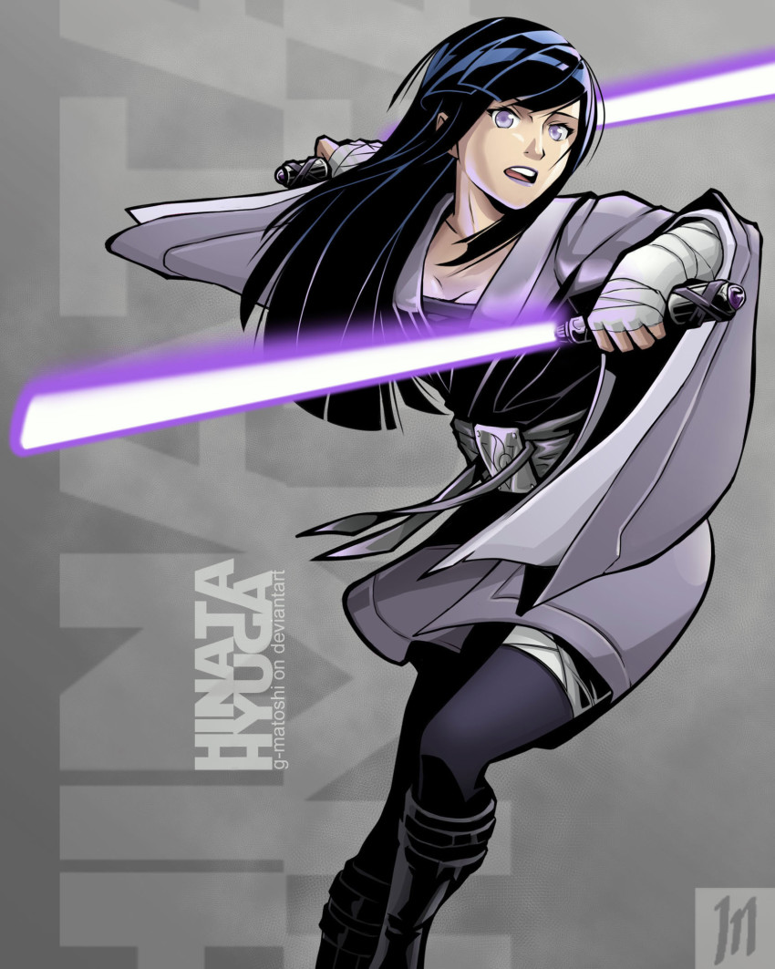 1girl bandages belt black_hair blunt_bangs blunt_ends boots breasts byakugan character_name cleavage collarbone commentary crossover dual_wielding energy_sword english_commentary facing_viewer grey_background highres holding holding_sword holding_weapon hyuuga_hinata jedi lightsaber long_hair looking_at_viewer matoshi naruto naruto_(series) naruto_shippuuden open_mouth purple_eyes purple_lightsaber simple_background solo standing star_wars sword teeth tongue weapon wide_sleeves