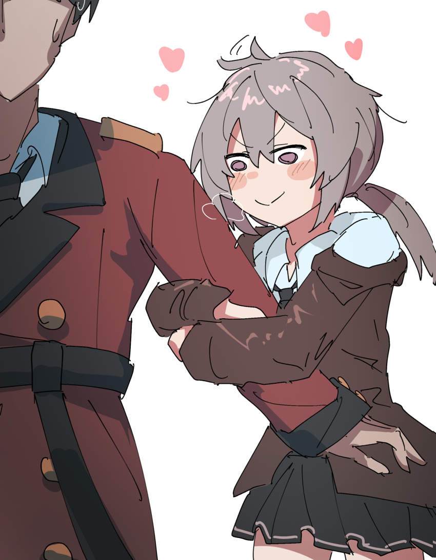 1boy 1girl ahoge ahoge_wag arm_hug belt black_hair black_necktie blush blush_stickers brown_jacket collared_shirt commander_(girls&#039;_frontline) commentary_request cowboy_shot double-parted_bangs expressive_hair faceless faceless_male girls&#039;_frontline griffin_&amp;_kryuger_military_uniform hair_between_eyes heart highres hood hood_down hooded_jacket jacket light_brown_hair long_hair long_sleeves looking_at_another low_ponytail m200_(girls&#039;_frontline) necktie nyanpu off_shoulder open_clothes open_jacket ponytail purple_eyes red_jacket shirt short_hair sidelocks simple_background smile sweat upper_body white_background white_shirt