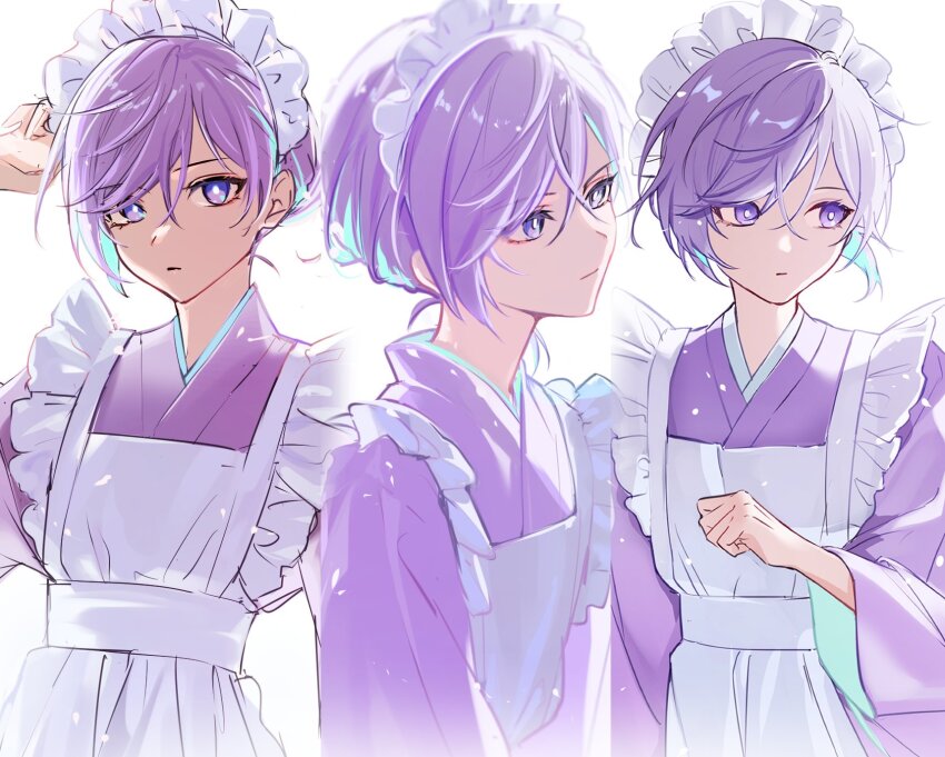 1boy apron aqua_hair closed_mouth crossdressing crossdressing_(mtf) hair_bun highres japanese_clothes kimono looking_at_viewer looking_to_the_side maid maid_apron maid_headdress male_focus multicolored_hair nyamnyam0502 paradox_live purple_eyes purple_hair purple_kimono solo white_apron white_headdress yatonokami_kanata