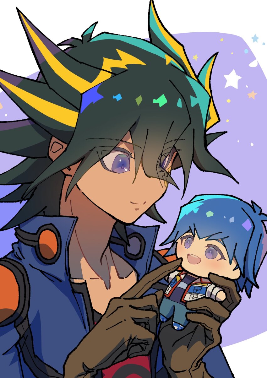 1boy absurdres black_hair black_shirt blonde_hair blue_jacket border brown_hair bruno_(yu-gi-oh!) fudo_yusei highres jacket male_focus medium_hair multicolored_hair purple_background purple_eyes shirt simple_background solo spiked_hair stuffed_toy two-tone_hair upper_body white_border youko-shima yu-gi-oh! yu-gi-oh!_5d&#039;s