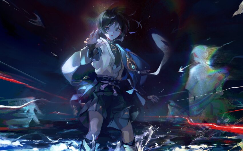 1boy anemo_symbol_(genshin_impact) aqua_gemstone arm_at_side armor bird black_bow black_bridal_gauntlets black_hair black_rope black_shorts blue_kimono blue_sleeves blunt_ends bow bridal_gauntlets eyeliner eyeshadow feathers furisode gem genshin_impact hakama hakama_shorts hamukaeru666 hand_up highres japanese_armor japanese_clothes juban kimono kote kurokote layered_sleeves lens_flare looking_at_viewer makeup male_focus mandarin_collar motion_lines night night_sky niwa_(genshin_impact) open_clothes open_hand open_kimono open_mouth overcast pleated_shorts pom_pom_(clothes) purple_eyes purple_sash red_eyeliner red_eyeshadow rope sash scaramouche_(genshin_impact) short_sleeves shorts silhouette sky tassel vision_(genshin_impact) wading wanderer_(genshin_impact) water white_kimono white_sleeves wispy_bangs yellow_feathers