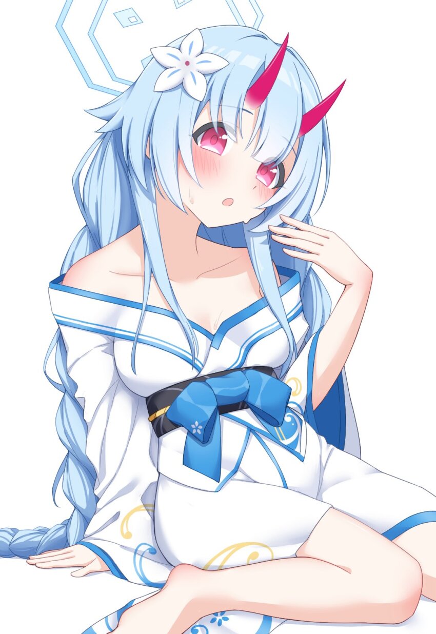 1girl :o arm_at_side bare_shoulders barefoot black_sash blue_archive blue_bow blue_hair blue_halo blunt_bangs blush bow braid breasts center-flap_bangs chise_(blue_archive) collarbone commentary eyes_visible_through_hair fanning_face fanning_self foot_out_of_frame halo hand_up head_tilt highres horns hot japanese_clothes kimono long_hair long_sleeves looking_at_viewer medium_breasts no_bra oni open_mouth red_eyes sash simple_background sitting skin-covered_horns solo sweat tareme twin_braids very_long_hair wariza white_background white_kimono wide_sleeves yamichi_(yamichi8369)