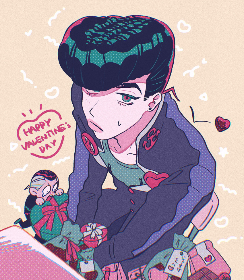 2boys anchor_ornament anchor_symbol black_hair blue_jacket box candy chibi chocolate chocolate_heart diamond_wa_kudakenai drawn_heart drawn_star english_text film_grain food gakuran gift gift_bag green_eyes green_shirt grey_hair halftone happy_valentine heart heart-shaped_box heart-shaped_food heart_ornament higashikata_josuke highres jacket jojo_no_kimyou_na_bouken looking_at_viewer multicolored_eyes multicolored_hair multiple_boys nijimura_okuyasu peace_symbol pompadour red_eyes school_uniform shirt short_hair solo_focus star_(symbol) sweatdrop t_0nd two-tone_eyes two-tone_hair valentine yellow_background