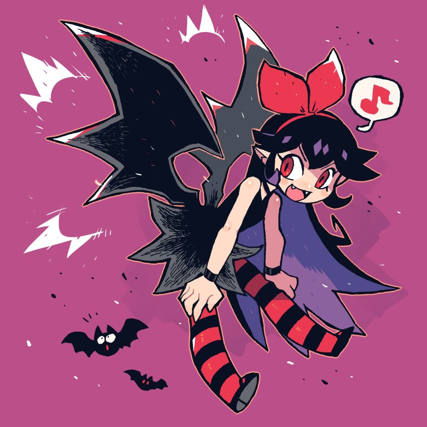 1girl absurdres bat_(animal) bat_wings black_dress black_eyes black_hair black_wings bow dress fangs hair_bow highres holding long_hair magenta_background mixed-language_commentary musical_note original pantyhose pink_background pointy_ears rariatto_(ganguri) red_eyes running sky speech_bubble striped_clothes striped_legwear striped_pantyhose vampire wings zakuro_(rariatto)