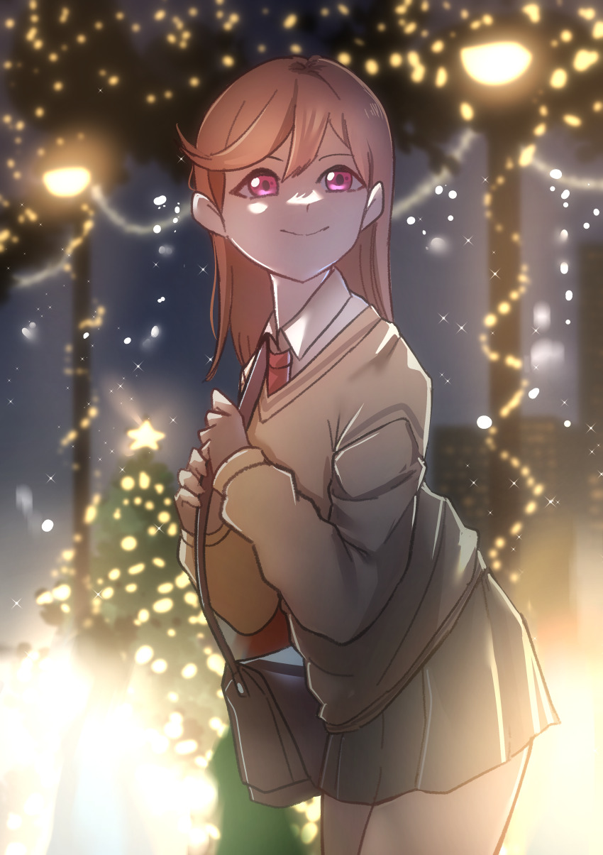 1girl absurdres christmas highres long_hair looking_at_viewer love_live! love_live!_superstar!! night orange_hair over_flow99 purple_eyes shibuya_kanon smile solo