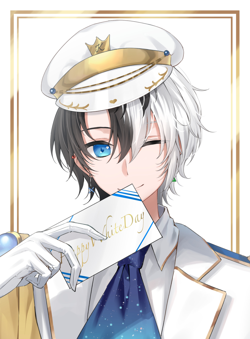 1boy absurdres black_hair bokuhakiyoshi card closed_mouth ear_piercing earrings gloves green_eyes hat highres holding holding_card indie_virtual_youtuber jewelry kamito_(vtuber) looking_at_viewer male_focus multicolored_hair one_eye_closed piercing solo split-color_hair two-tone_hair upper_body virtual_youtuber white_background white_gloves white_hair white_hat
