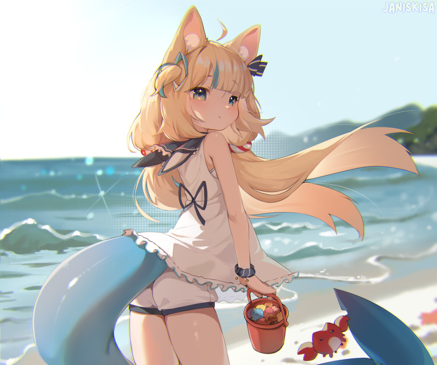 1girl animal_ear_fluff animal_ears beach blonde_hair blue_eyes bucket closed_mouth crab dress fins fish_girl fish_tail floating_hair highres holding holding_bucket kisahuiisa long_hair low_twintails ocean original outdoors sameko_saba short_shorts shorts solo tail twintails virtual_youtuber white_dress white_shorts