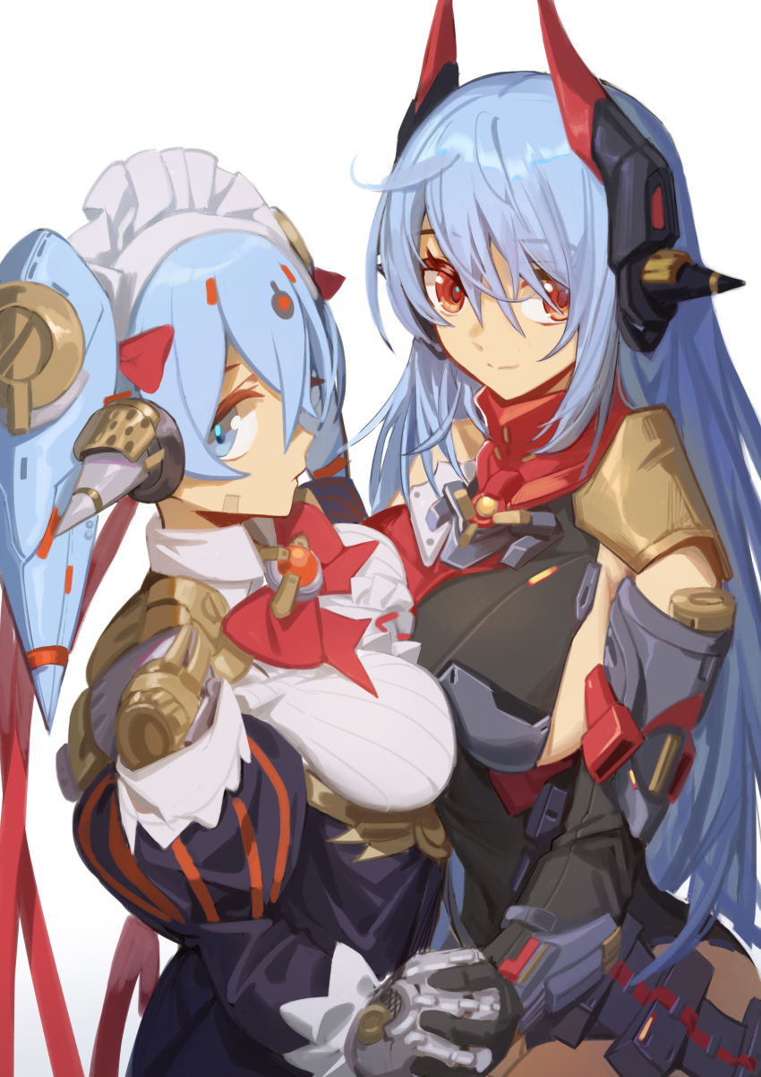 2girls absurdres android armored_leotard asymmetrical_docking black_gloves blue_eyes blue_hair bow bowtie breast_press breasts closed_mouth gloves hair_ornament highres holding_hands large_breasts leotard long_hair looking_at_viewer maid maid_headdress medium_breasts multiple_girls newflame orange_eyes poppi_(xenoblade) poppi_qt_(xenoblade) poppi_qtpi_(xenoblade) red_bow red_bowtie red_scarf scarf simple_background twintails upper_body white_background white_gloves xenoblade_chronicles_(series) xenoblade_chronicles_2