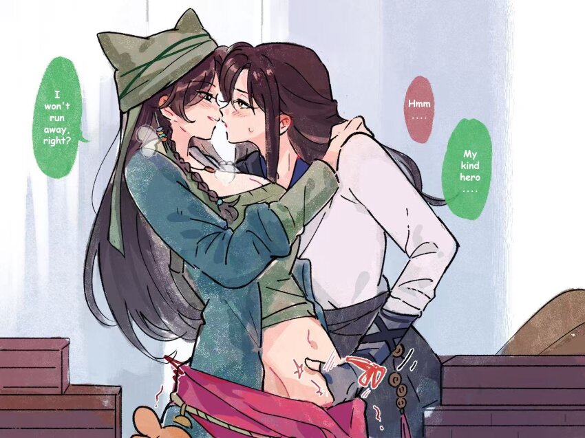 2girls artist_request belt black_gloves blush brown_eyes brown_hair character_request commentary commission english_commentary english_text fingering fingerless_gloves gloves green_shirt hand_on_another&#039;s_shoulder highres long_hair multiple_girls parted_lips second-party_source shirt speech_bubble where_winds_meet white_shirt yingying_(where_winds_meet) yuri