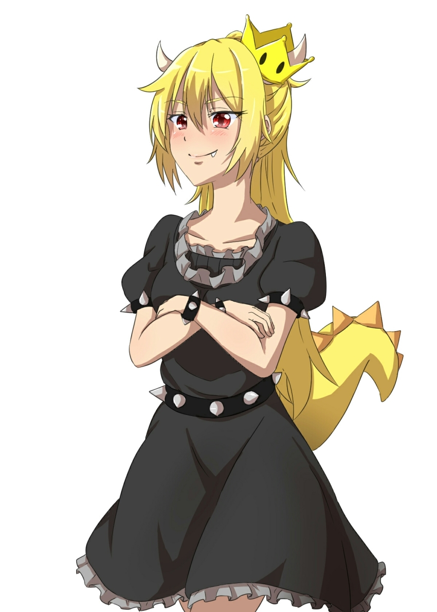 1girl black_dress blonde_hair blush bowsette bracelet closed_mouth cowboy_shot crossed_arms crown dress fang fang_out female_focus hair_between_eyes highres horns jewelry mario_(series) new_super_mario_bros._u_deluxe nintendo red_eyes seihoku smile solo spiked_bracelet spikes super_crown tail white_background