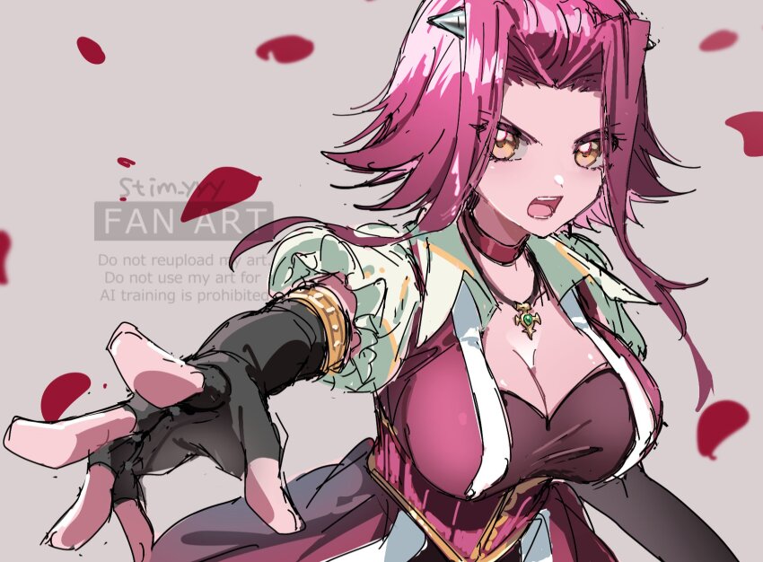 1girl black_gloves breasts cleavage dress fingerless_gloves gloves grey_background highres izayoi_aki kuroda_(kuro_yyy) large_breasts red_dress red_hair red_petals simple_background sketch solo upper_body watermark yellow_eyes yu-gi-oh! yu-gi-oh!_5d&#039;s