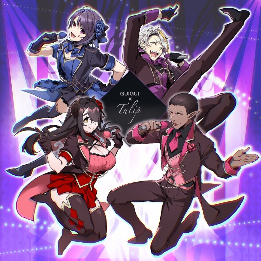 2boys 2girls black_gloves black_hair blonde_hair blue_flower bow bowtie breasts brown_hair brown_pants cleavage closed_mouth flower gloves gundou_mirei gwelu_os_gar hair_flower hair_ornament highres holding holding_microphone horns indie_virtual_youtuber itou_life_(vtuber) jip long_sleeves microphone multicolored_hair multiple_boys multiple_girls nijisanji one_eye_closed open_mouth pants pointy_ears purple_eyes purple_hair red_eyes sharp_teeth teeth thighhighs utai_meika virtual_youtuber white_hair yellow_eyes