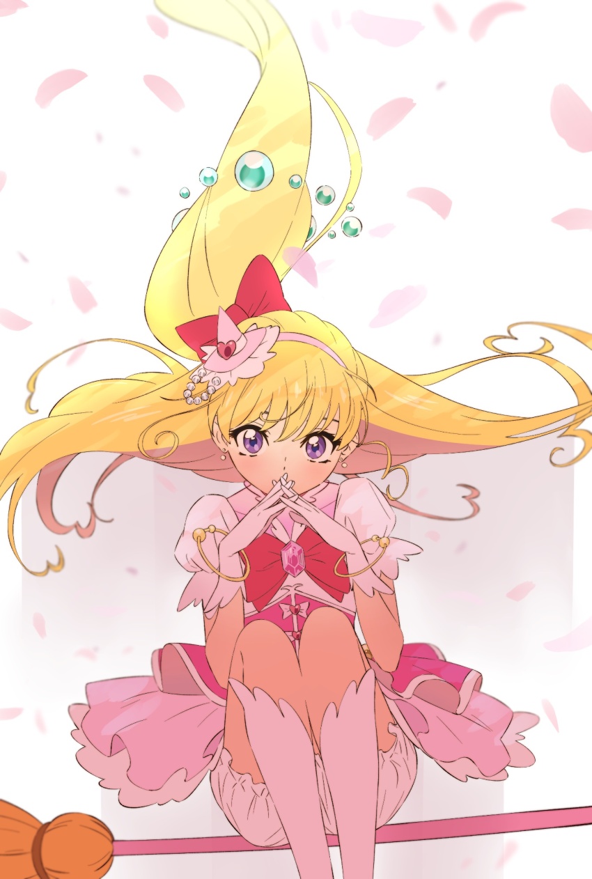 1girl asahina_mirai blonde_hair bow broom broom_riding commentary_request cure_miracle floating_hair gloves hair_bow hairband hands_up hat highres knees_up long_hair looking_at_viewer magical_girl mahou_girls_precure! mini_hat mini_witch_hat own_hands_together petals pink_hairband pink_hat pink_skirt precure puffy_short_sleeves puffy_sleeves purple_eyes red_bow semham shirt short_sleeves skirt solo very_long_hair white_gloves white_shirt witch_hat