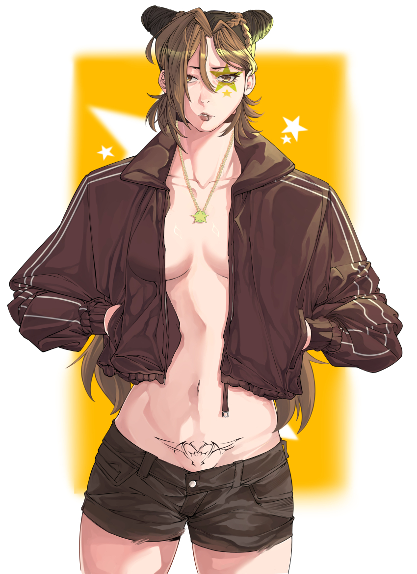 1girl absurdres birthmark black_hair black_jacket black_shorts braid breasts brown_hair brown_jacket cone_hair_bun double_bun green_eyes green_hair hair_between_eyes hair_bun hands_in_pockets highres jacket jewelry jobin_chan joestar_birthmark jojo_no_kimyou_na_bouken jolyne_cujoh long_hair looking_at_viewer medium_breasts multicolored_hair naked_jacket navel necklace no_bra open_clothes open_jacket short_shorts shorts solo star_(symbol) tattoo two-tone_hair