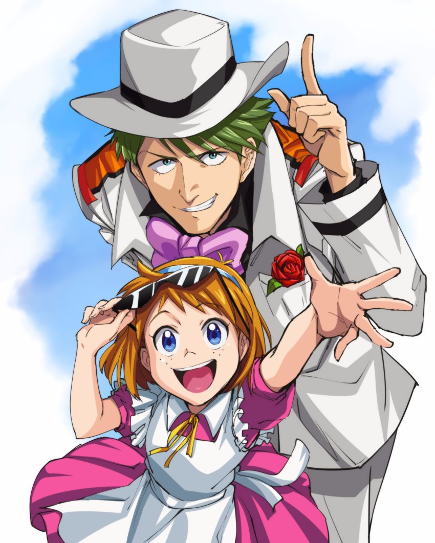 1990s_(style) 1boy 1girl :d absurdres aono_shimo apron bad_id bad_twitter_id blue_eyes boutonniere bow bowtie breast_pocket dress flower formal_clothes fushigi_no_umi_no_nadia glasses green_hair hat highres looking_at_viewer marie_en_carlsberg necktie open_mouth orange_hair pink_dress pocket pointing puffy_short_sleeves puffy_sleeves purple_necktie retro_artstyle rose sanson_(nadia) short_hair short_sleeves smile suit sunglasses traditional_bowtie upper_body white_suit