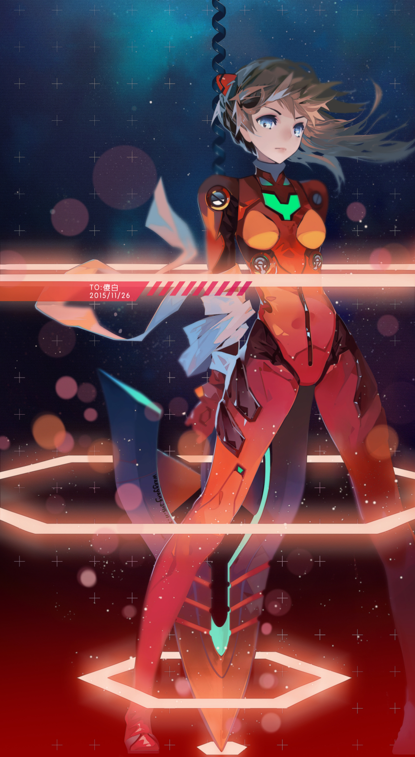 10s 123456_(1322881) 1girl 2015 absurdres arms_behind_back bandaged_arm bandages blue_eyes blurry bodysuit bokeh bracer breasts brown_hair clenched_hand closed_mouth dated depth_of_field female_focus floating_hair gloves grey_hair hair_ornament headgear highres huge_weapon lance_of_longinus_(evangelion) lcl legs_apart lens_flare long_hair looking_at_viewer mecha_pilot_suit neon_genesis_evangelion night night_sky outdoors planted plugsuit_(evangelion) polearm rebuild_of_evangelion sky small_breasts solo souryuu_asuka_langley spear_of_cassius standing star_(sky) text_focus turtleneck weapon wind