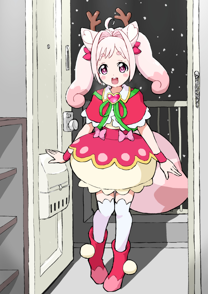 1girl :d ahoge animal_ears antlers boots bow bracelet brooch capelet collared_capelet delicious_party_precure doorway fake_antlers fox_ears fox_girl fox_tail full_body green_ribbon hair_bow hair_intakes heart heart_brooch highres horns jewelry kome-kome kome-kome_(human) long_hair looking_at_viewer neck_ribbon open_door open_mouth pink_boots pink_bow pink_capelet pink_eyes pink_hair pink_skirt pov_doorway precure reindeer_antlers ribbon shirt skirt smile solo tail teeth thighhighs twintails two-tone_skirt upper_teeth_only white_thighhighs yakizakana10967 yellow_shirt yellow_skirt