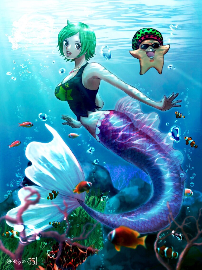 1girl bubble camie_(one_piece) clownfish commentary_request coral fish full_body green_hair hat highres jewelry mermaid monster_girl necklace one_piece open_mouth oregano551 pappug profile short_hair smile starfish sunglasses swept_bangs tank_top twitter_username underwater