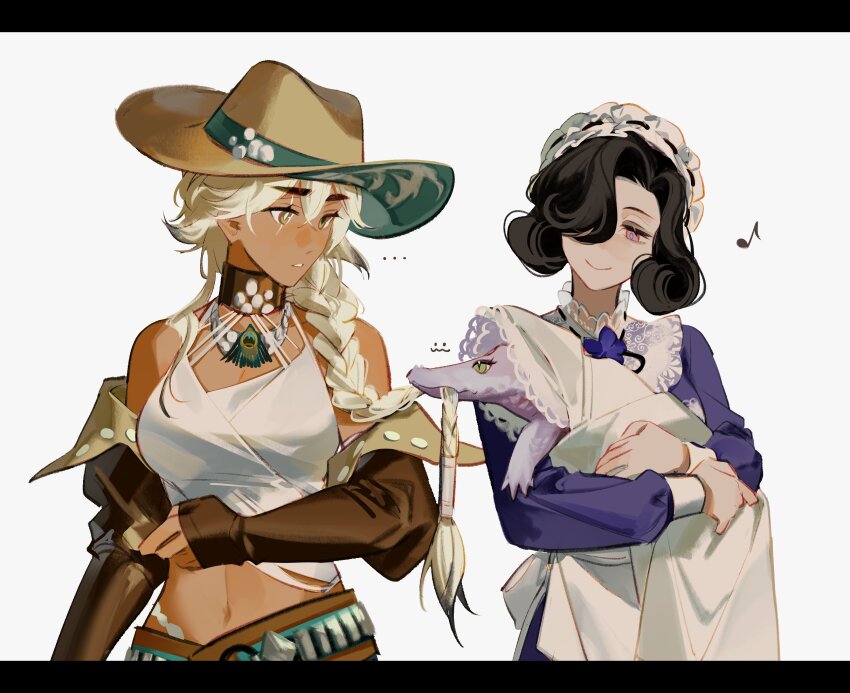 ... 2girls :o absurdres animal animal_hug argus_(reverse:1999) bare_shoulders belt biting_another&#039;s_hair black_hair blanket blonde_hair braid breasts brown_belt brown_choker brown_hat brown_sleeves choker closed_mouth cowboy_hat crocodilian curly_hair detached_sleeves dress eighth_note hair_over_one_eye hair_over_shoulder hat highres holding holding_animal holding_blanket long_hair long_sleeves looking_at_animal looking_down maid maid_headdress medium_breasts midriff multiple_girls musical_note navel one_eye_covered peacock_feathers purple_dress purple_eyes reverse:1999 scar scar_across_eye scar_on_face short_hair single_braid smile swaddled tank_top tuesday_(reverse:1999) turning_head upper_body white_background white_tank_top yellow_eyes ylceon