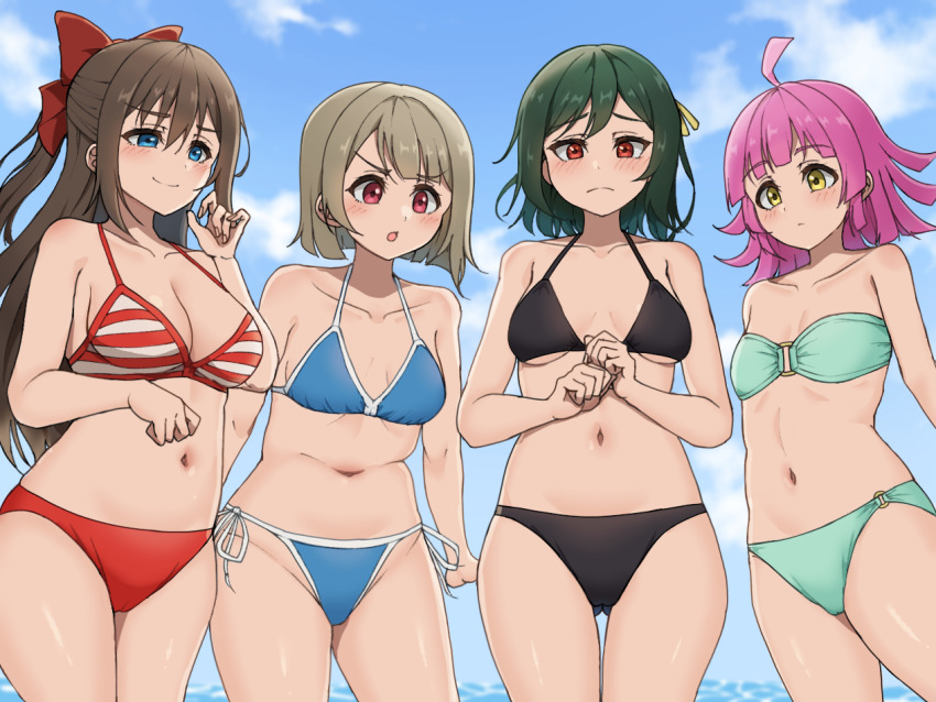 4girls :o bare_arms bikini black_bikini blue_bikini blue_eyes blue_sky blunt_bangs blunt_ends blush bob_cut breasts brown_hair cleavage closed_mouth cloud collarbone commentary_request day expressionless green_bikini green_hair hair_between_eyes long_hair love_live! love_live!_nijigasaki_high_school_idol_club medium_breasts mifune_shioriko momo_mochi_(favk5328) multiple_girls nakasu_kasumi navel o-ring o-ring_bikini ocean osaka_shizuku outdoors pink_hair red_bikini red_eyes short_hair sidelocks sky small_breasts smile standing strapless strapless_bikini striped_bikini striped_clothes swimsuit tennoji_rina v-shaped_eyebrows yellow_eyes