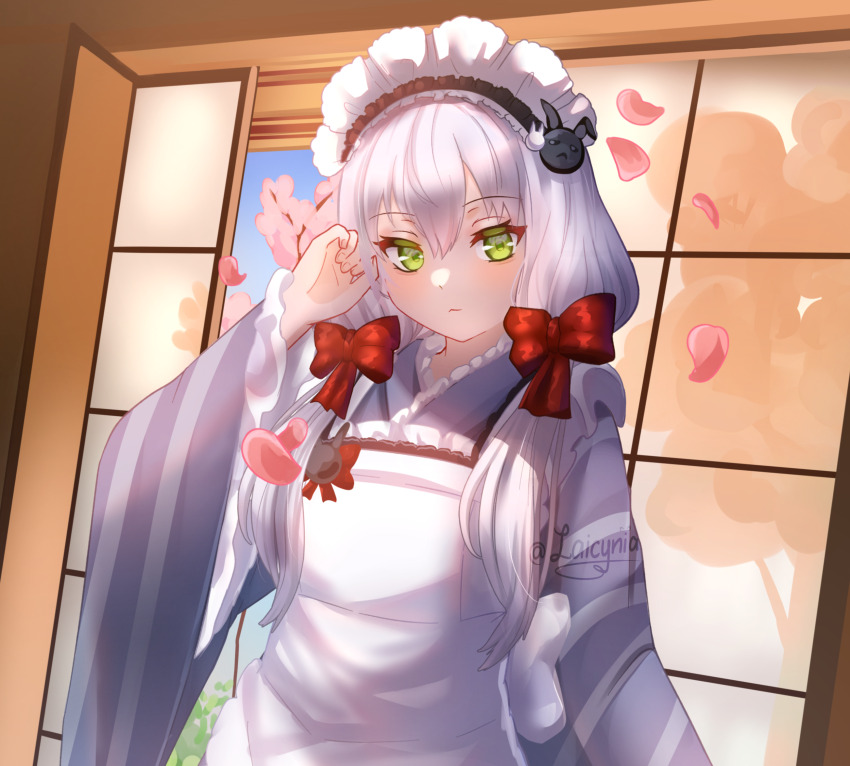 1girl altina_orion apron bow cherry_blossoms closed_mouth commentary double-parted_bangs eiyuu_densetsu english_commentary falling_petals frilled_apron frills green_eyes hair_between_eyes hair_bow hair_ornament highres indoors japanese_clothes kimono laicynia long_hair looking_at_viewer maid maid_apron maid_headdress multiple_hair_bows petals rabbit_hair_ornament red_bow sen_no_kiseki_(series) shouji sliding_doors solo upper_body wa_maid white_apron white_hair wide_sleeves