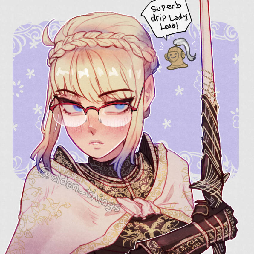 2girls bespectacled blonde_hair blue_eyes border braid commentary crown_braid elden_ring elden_ring:_shadow_of_the_erdtree elden_things english_commentary glasses holding holding_sword holding_weapon multiple_girls needle_knight_leda outside_border parted_lips purple_background raised_eyebrows red-framed_eyewear redmane_freyja sword weapon white_border