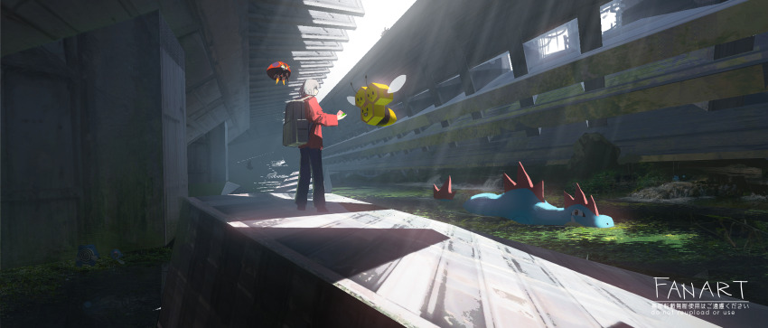 1girl asteroid_ill backpack bag berry_(pokemon) black_footwear black_pants character_request commentary day english_text feeding food gen_1_pokemon gen_8_pokemon highres holding holding_food jacket light_rays nintendo orbeetle outdoors pants pokemon pokemon_(creature) poliwag poliwhirl red_jacket ruins scenery standing water white_hair wide_shot