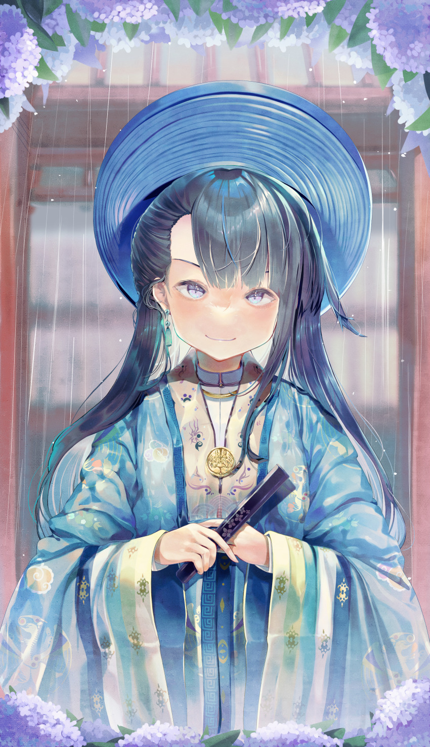 absurdres ao_nhat_binh black_hair blue_dress dress eri_(31530139) fan flower highres khan_van original rain smile vietnamese_clothes ao_dai
