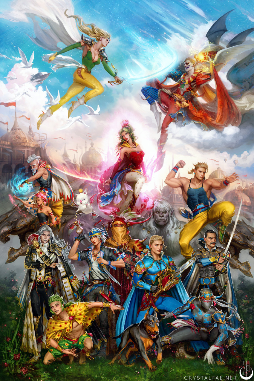 3girls 6+boys absurdres adapted_costume cape castle cyan_garamonde cefca_palazzo celes_chere crystal_fae dagger dog edgar_roni_figaro everyone final_fantasy final_fantasy_vi gau glowing glowing_sword glowing_weapon gogo highres interceptor_(ff6) knife locke_cole magitek_armor sabin_rene_figaro mog multiple_boys multiple_girls ninja ultros relm_arrowny setzer_gabbiani shadow_(ff6) standing strago_magus sword tina_branford umaro weapon