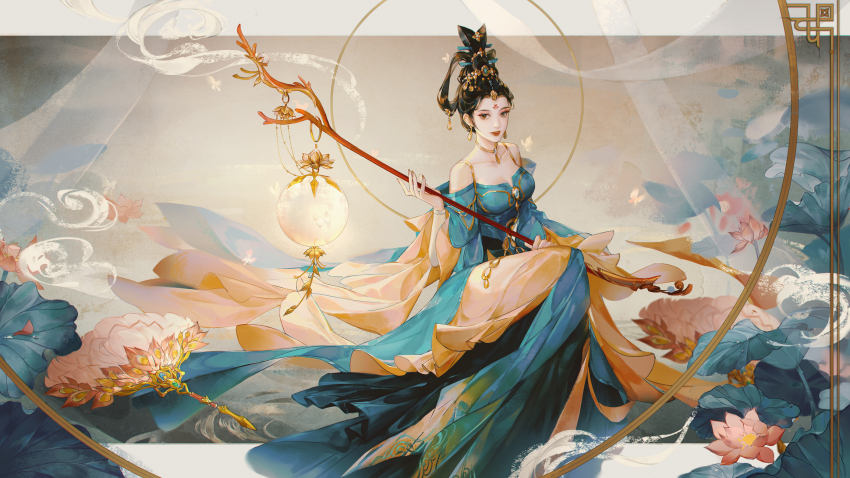 1girl aqua_hanfu azz black_hair breasts bug butterfly chinese_clothes cleavage collarbone facial_mark flower forehead_mark hair_rings hand_fan hanfu highres holding holding_staff huadian insect looking_at_viewer lotus lotus_leaf original sitting solo staff tall_hair tuanshan