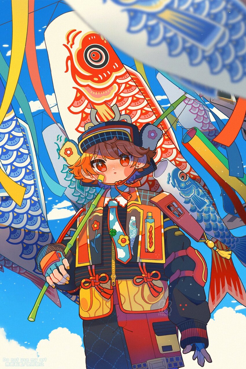 1girl bandaid bandaid_on_cheek bandaid_on_face black_shirt blue_gloves blue_necktie blush_stickers cloud commentary_request cowboy_shot day fingerless_gloves fishing_rod gloves highres holding holding_fishing_rod itousa koinobori long_sleeves looking_at_viewer nail_polish necktie orange_hair original outdoors red_eyes red_shorts shirt short_hair shorts signature solo windsock yellow_nails