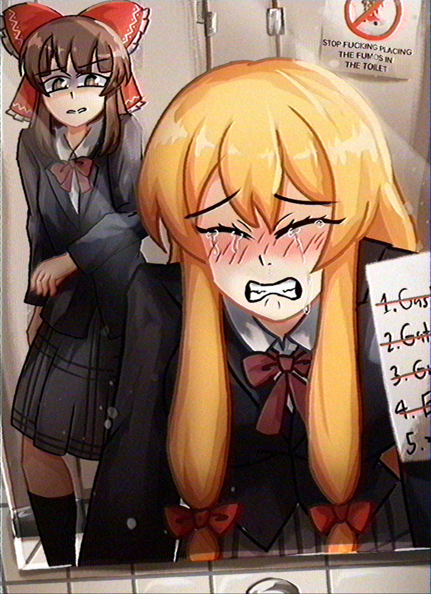 2girls black_jacket blonde_hair blush bow bowtie brown_eyes brown_hair chromatic_aberration clenched_teeth commentary crying english_commentary hair_bow hakurei_reimu highres jacket lad_der low-tied_sidelocks medium_skirt mirror multiple_girls plaid_clothes plaid_skirt public_restroom red_bow red_bowtie sidelocks sign skirt streaming_tears tears teeth toilet_stall touhou vhs_artifacts yakumo_yukari