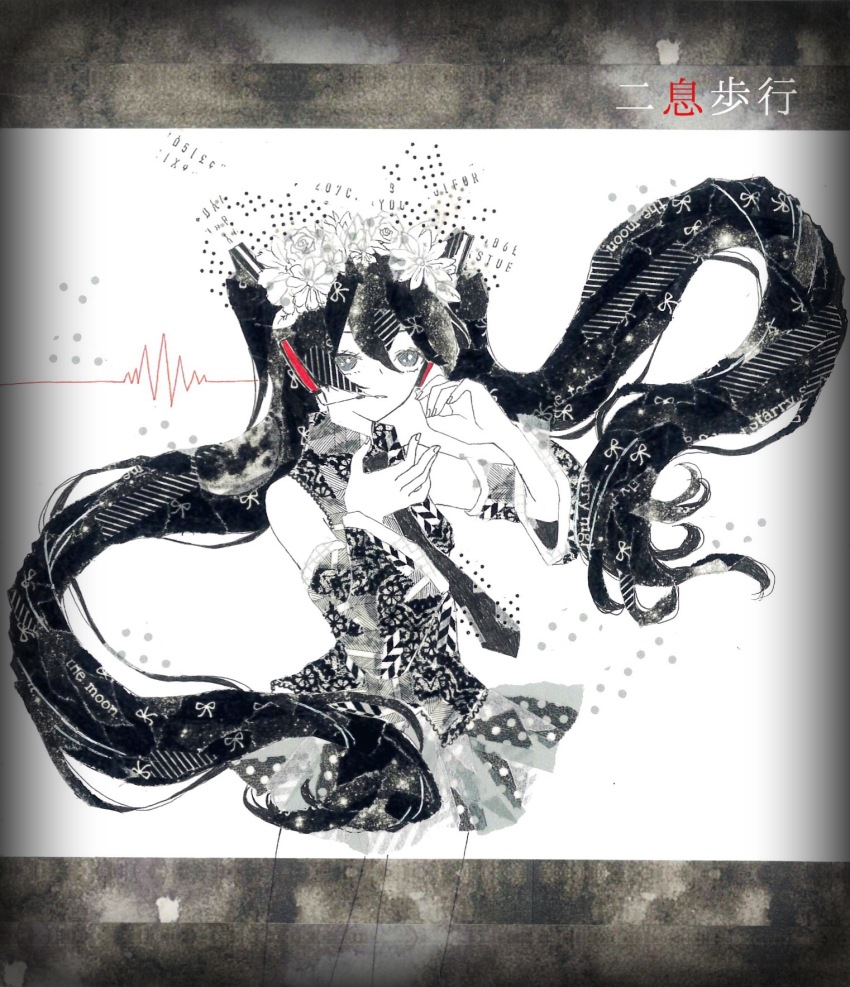 1girl 922pochan bare_shoulders cardiogram collared_shirt commentary cowboy_shot detached_sleeves floating_hair flower_wreath greyscale hair_between_eyes hair_ornament hands_up hatsune_miku headset highres long_hair looking_at_viewer masking_tape_(medium) mixed_media monochrome necktie nisoku_hokou_(vocaloid) parted_lips shirt sidelocks skirt solo spot_color traditional_media twintails unconventional_media very_long_hair vocaloid