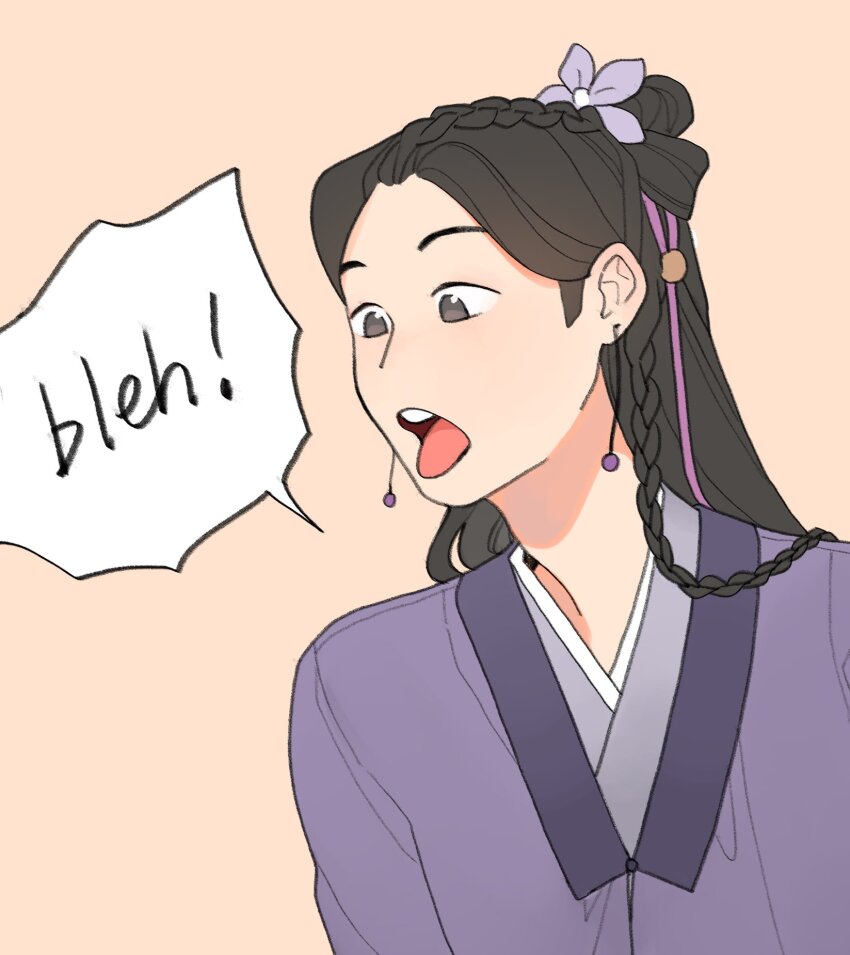 1girl beizi_(clothing) black_hair braid brown_eyes chinese_clothes copyright_request duijin_ruqun earrings english_text flower hair_flower hair_ornament hanfu highres jewelry jiaoling_ruqun purple_flower purple_hanfu solo speech_bubble tongue tongue_out upper_body wenwen_(ww4zd)