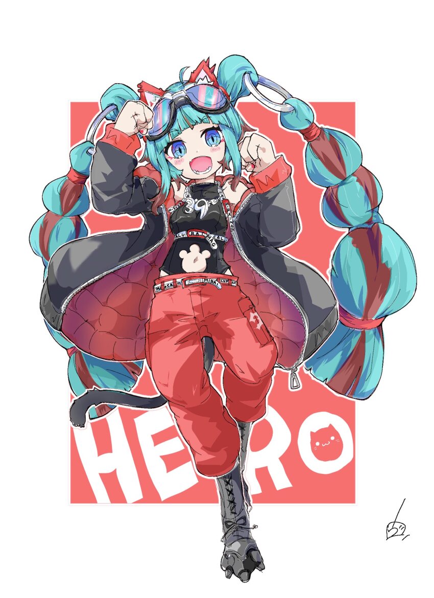 1girl 39 :3 animal_ears aqua_hair baggy_pants bare_shoulders belt black_boots black_jacket black_leotard blue_eyes blunt_bangs boots border braid cat_ears cat_tail chain chain_necklace clenched_hands clothing_cutout commentary down_jacket english_text fang full_body goggles goggles_on_head hatsune_miku highres jacket jewelry kemonomimi_mode lace-up_boots leotard long_hair looking_at_viewer magical_mirai_(vocaloid) magical_mirai_miku magical_mirai_miku_(2023) multicolored_hair navel_cutout necklace open_mouth pants paw_print_cutout paw_shoes red_background red_hair red_jacket red_pants ring_hair_ornament sharp_teeth signature skin_fang solo streaked_hair tail teeth twin_braids two-sided_fabric two-sided_jacket very_long_hair vocaloid vorusan_(volver39) white_border