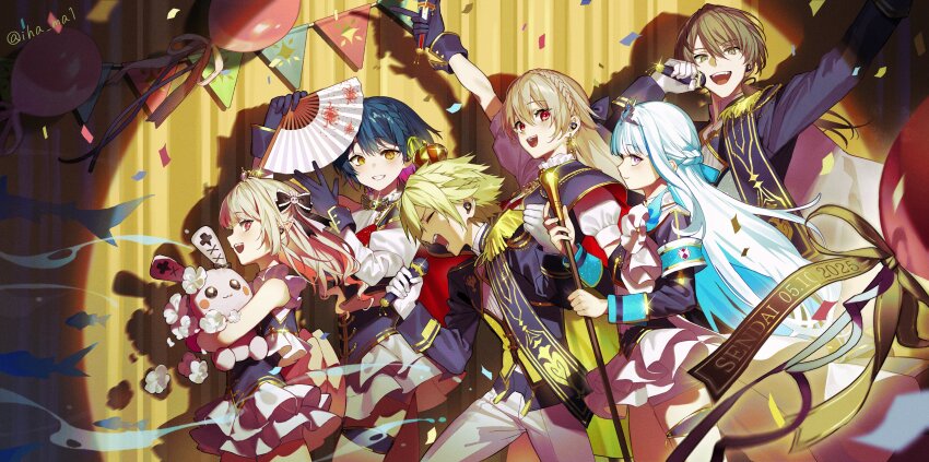 2boys 4girls absurdres arm_up artist_name balloon black_gloves black_hair blonde_hair blue_hair braid brown_eyes brown_hair cane capelet closed_eyes colored_inner_hair commentary_request confetti earrings epaulettes frilled_skirt frills from_side furen_e_lustario glint gloves grin hair_between_eyes hand_fan highres holding holding_cane holding_fan holding_microphone holding_stuffed_toy ihama in-ear_earphones jewelry kagami_hayato lize_helesta long_hair looking_at_viewer makaino_ririmu microphone multicolored_hair multiple_boys multiple_girls nijisanji nijisanji_idol_uniform paper_fan pink_hair purple_eyes red_eyes sash short_hair side_braid skirt smile spotlight streamers stuffed_animal stuffed_rabbit stuffed_toy twitter_username uzuki_kou virtual_youtuber white_hair yamagami_karuta yellow_eyes