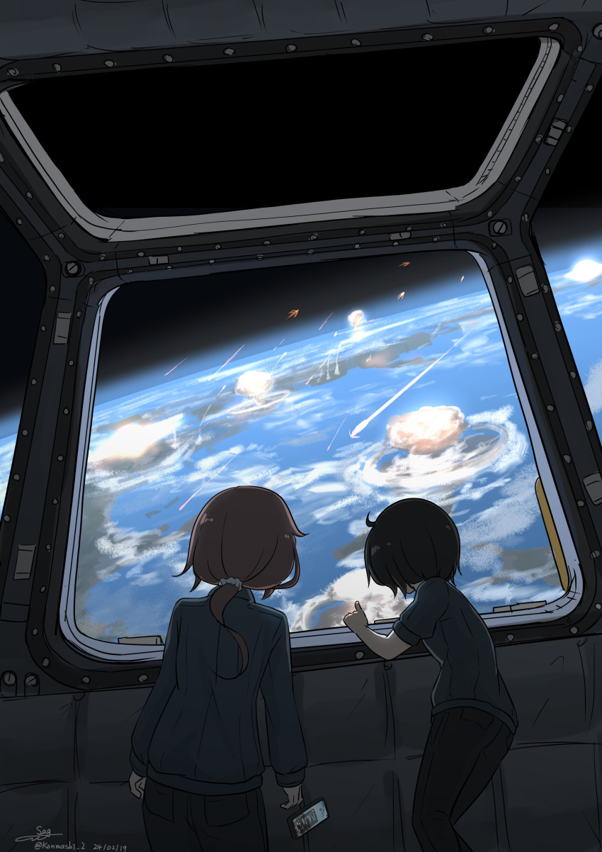 2girls absurdres backlighting black_hair black_pants black_sky brown_hair cellphone dated dropping earth_(planet) explosion facing_away hair_ornament hair_scrunchie highres in_orbit long_sleeves looking_outside low_ponytail multiple_girls mushroom_cloud nuclear_explosion original pants phone planet ponytail scenery science_fiction scrunchie short_sleeves signature sky smartphone space spacecraft_interior teisei_misagi twitter_username