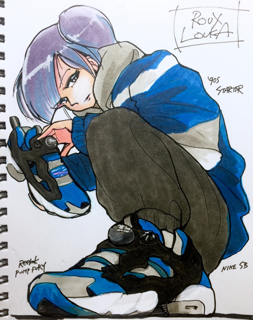 1girl absurdres character_name gundam gundam_zz highres jacket k1y054 looking_at_viewer marker_(medium) nike_(company) photo_(medium) purple_eyes reebok reebok_pump roux_louka shoes side_ponytail sneakers solo streetwear track_jacket traditional_media