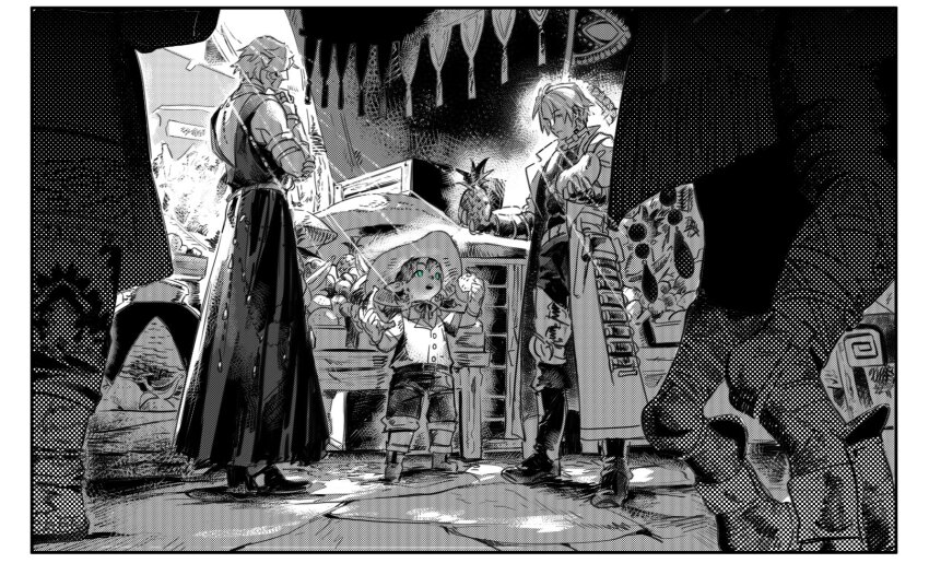 3boys banana border coat cowboy_hat digitigrade elezen elf final_fantasy final_fantasy_xiv food fruit fruit_stand greyscale halftone hat highres holding holding_food holding_fruit hyur lalafell male_focus monochrome multiple_boys open_mouth out_of_frame outdoors people pineapple pointy_ears scenery shopping short_hair sona_(mmediocreman) spot_color standing thancred_waters urianger_augurelt white_border