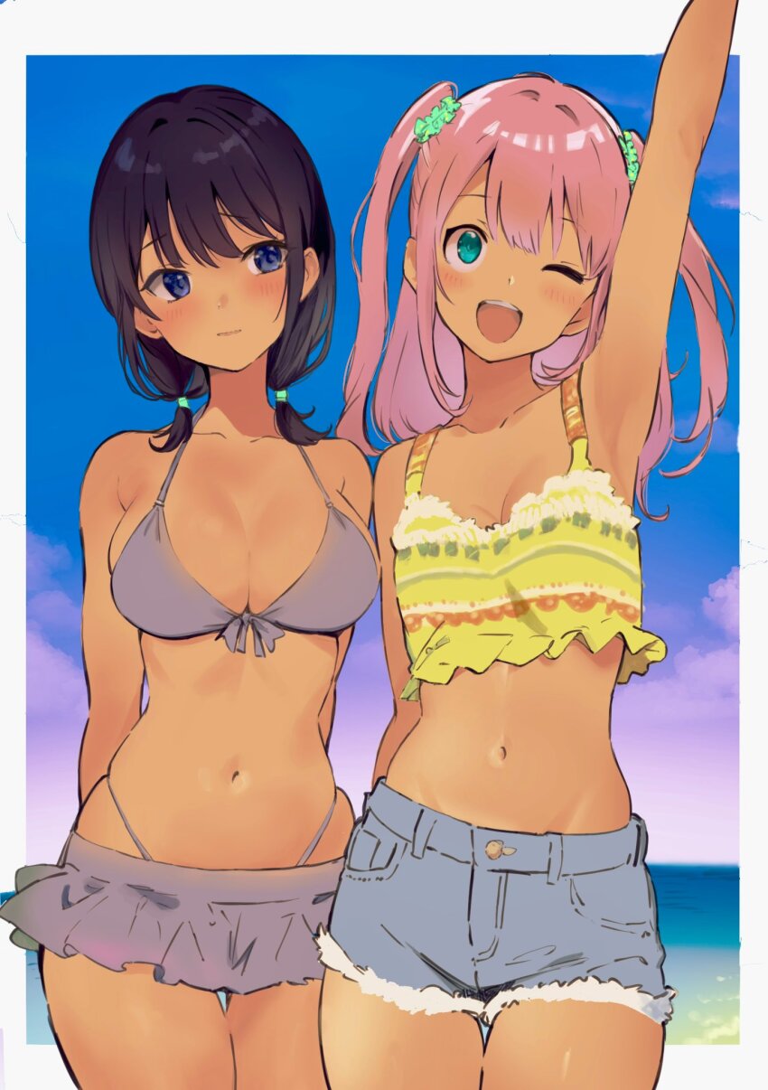 2girls beach bikini black_hair blue_eyes blush breasts denim denim_shorts green_eyes highres kajino_(aosansai) large_breasts long_hair midriff multiple_girls navel nemoto_hina open_mouth pink_hair short_twintails shorts skindentation smile swimsuit tamura_yuri twintails two_side_up watashi_ga_motenai_no_wa_dou_kangaetemo_omaera_ga_warui!