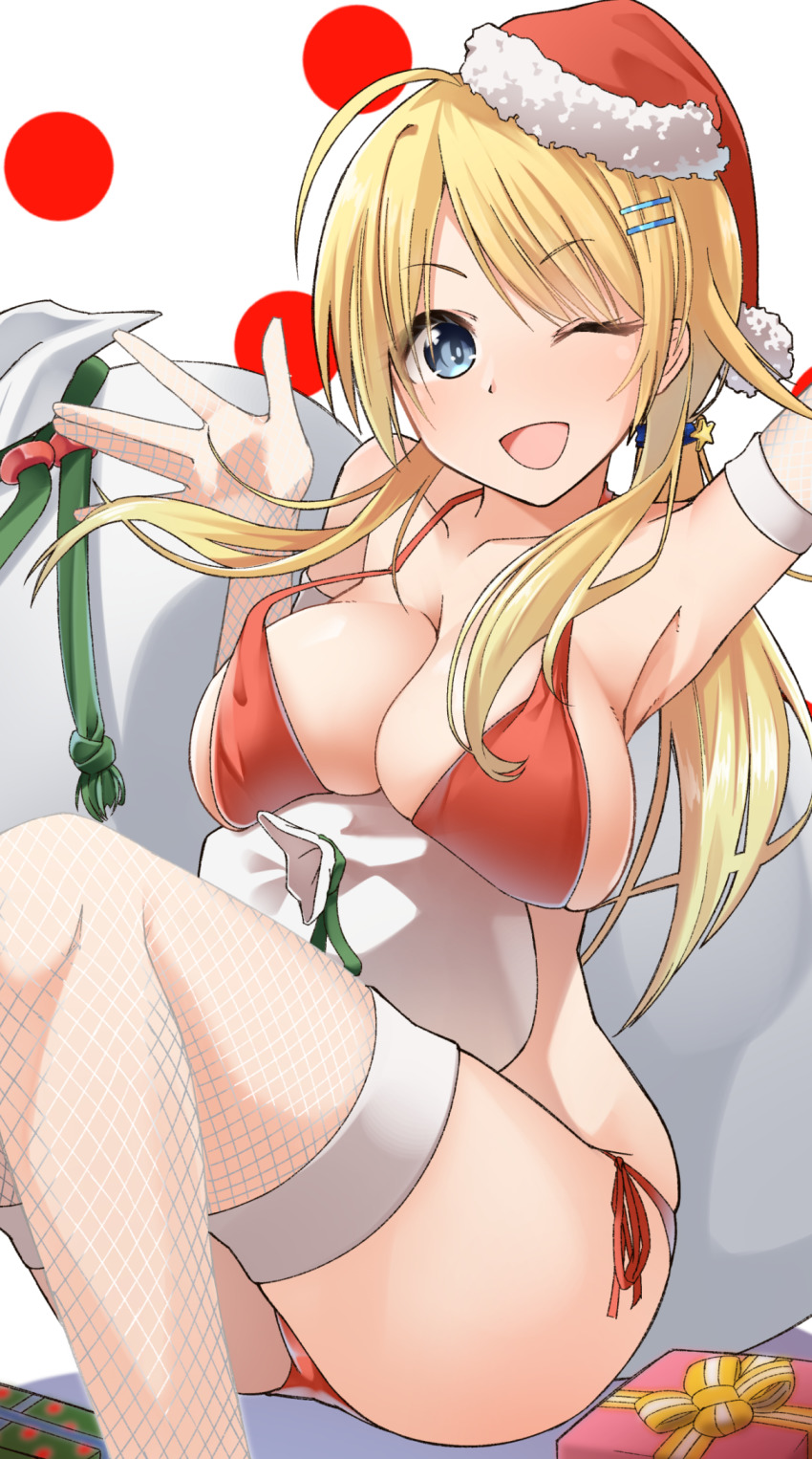 1girl ahoge arm_up armpits ass baaad_sima bare_shoulders bikini blonde_hair blue_eyes blush breast_rest breasts cameltoe christmas cleavage collarbone curvy fishnet_gloves fishnet_thighhighs fishnets fur_trim gift gloves hachimiya_meguru hair_ornament hairclip hat highres idolmaster idolmaster_shiny_colors large_breasts long_hair looking_at_viewer one_eye_closed open_mouth polka_dot sack santa_bikini santa_costume santa_hat side-tie_bikini_bottom sidelocks sitting smile solo strap_gap swept_bangs swimsuit thighhighs twintails waving