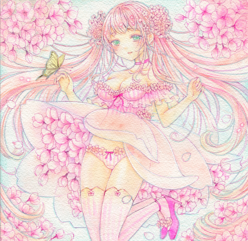 1girl amu_(m_aa) breasts bug butterfly butterfly_on_hand cherry_blossoms choker cleavage closed_mouth commentary_request dress flower full_body green_eyes high_heels highres insect jumping long_hair off-shoulder_dress off_shoulder original painting_(medium) panties pink_choker pink_dress pink_flower pink_hair pink_panties pink_ribbon pink_shoes pink_theme pink_thighhighs ribbon shoes short_sleeves small_breasts smile solo striped_clothes striped_dress striped_panties striped_thighhighs thighhighs tinted_eyewear traditional_media underwear vertical-striped_clothes vertical-striped_dress vertical-striped_panties vertical-striped_thighhighs very_long_hair w_arms watercolor_(medium)