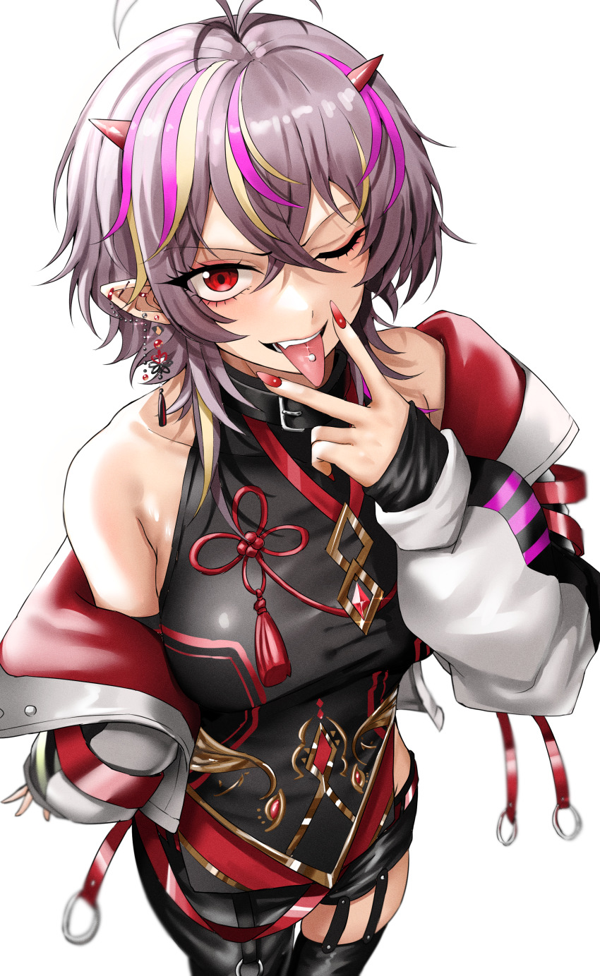 1girl absurdres ahoge bare_shoulders belt black_shirt black_shorts black_thighhighs blush breasts commission ear_piercing grey_hair highres horns jacket jacket_partially_removed large_breasts long_sleeves looking_at_viewer multicolored_hair nail_polish off_shoulder one_eye_closed open_mouth original piercing pointy_ears purple_hair putcho red_eyes red_nails shirt short_hair short_shorts shorts skeb_commission sleeves_past_wrists smile solo streaked_hair thighhighs tongue tongue_out tongue_piercing
