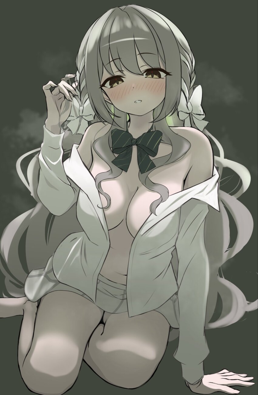 1girl blue_archive blush bow bowtie breasts brown_eyes cleavage grey_background grey_hair hair_bow hand_in_own_hair highres long_hair medium_breasts miyo_(blue_archive) multicolored_hair navel off-shoulder_shirt off_shoulder open_clothes open_shirt panda_90321 shirt sitting skirt solo steaming_body twirling_hair wavy_hair white_bow white_hair