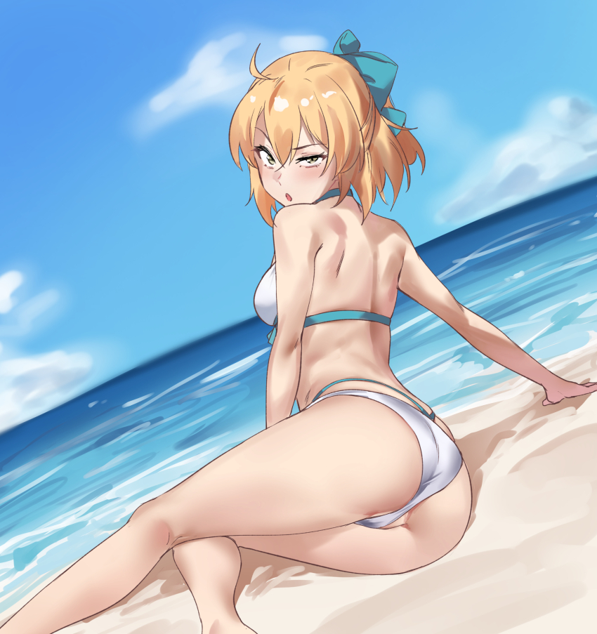 1girl ahoge aqua_bow ass bare_shoulders beach bikini blonde_hair blue_sky bow breasts das_(dan_dan) fate/grand_order fate_(series) hair_bow half_updo highleg highleg_bikini highres large_breasts looking_at_viewer looking_back ocean okita_j._souji_(fate) okita_j._souji_(third_ascension)_(fate) okita_souji_(fate) open_mouth shore short_hair sky solo swimsuit thighs white_bikini yellow_eyes