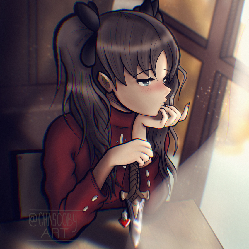 1girl absurdres artist_name azoth_knife black_bow black_hair black_ribbon blue_eyes blush bow brown_hair chascoby closed_mouth commentary fate/stay_night fate_(series) hair_bow hair_ribbon head_rest highres holding indoors jewelry long_hair long_sleeves looking_to_the_side necklace nose_blush red_sweater ribbon signature solo sweater table tohsaka_rin turtleneck twintails twitter_username two_side_up upper_body window