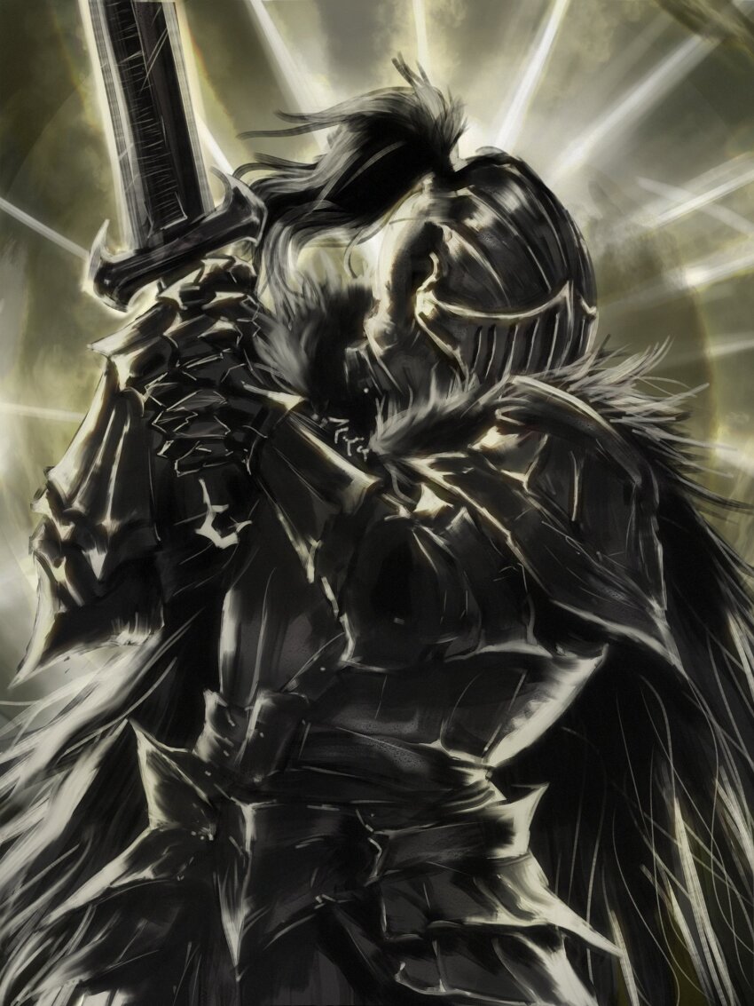 1boy armor ars_lycorys black_cape black_souls cape darkest_dungeon full_armor fur_cape gauntlets grimm_(black_souls) hands_up helmet highres holding holding_sword holding_weapon knight male_focus pauldrons shoulder_armor solo sword upper_body weapon