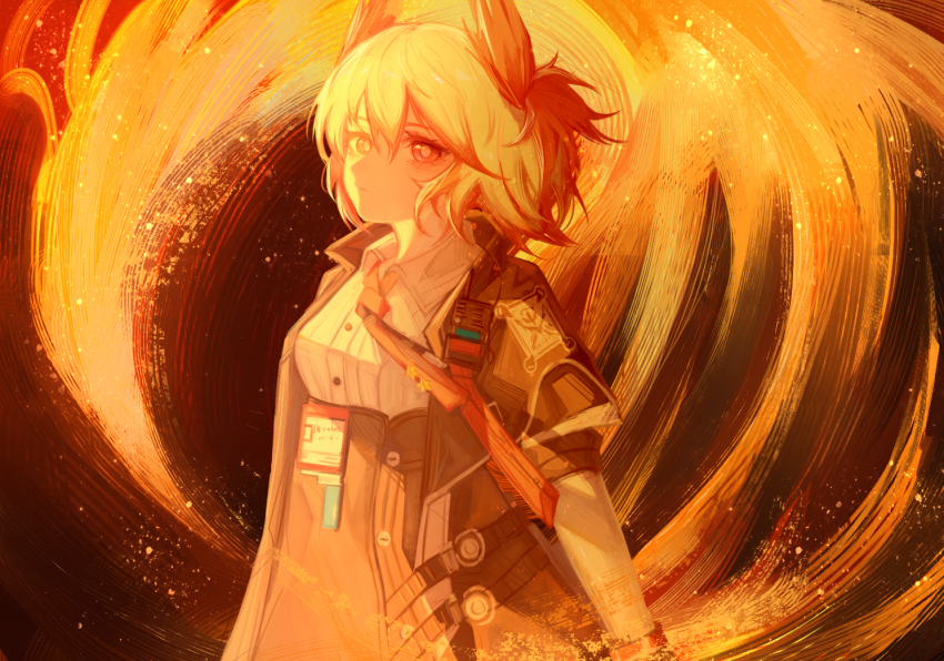 1girl animal_ears arknights bird_ears black_jacket black_skirt collared_shirt cowboy_shot fiammetta_(arknights) fire greek_commentary hair_between_eyes high-waist_skirt id_card jacket looking_at_viewer luozixiaoliu multicolored_hair necktie open_clothes open_jacket red_eyes red_hair red_necktie shirt short_hair skirt three-quarter_sleeves streaked_hair white_hair white_shirt